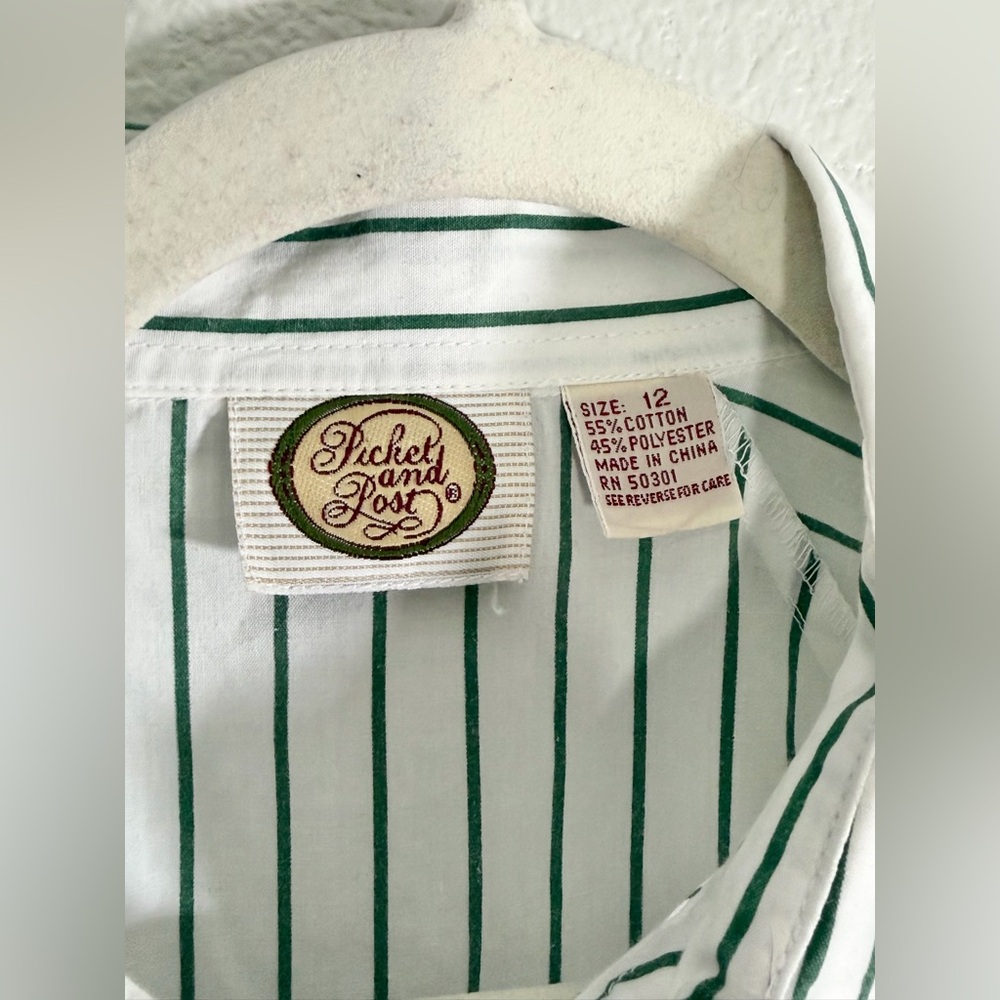 Picket and Post Shirt Button Down Green Stripe Brown Button Christmas Women 12 - Picture 5 of 6
